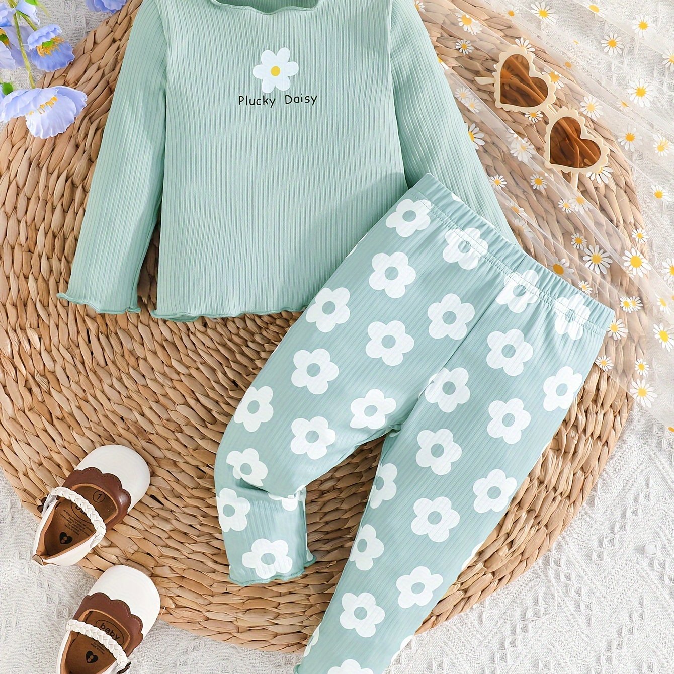 2-piece Baby's Flower Print Ribbed Long Sleeve Top + Casual Pants, Toddler & Infant Girl's Clothing Set Outdoor