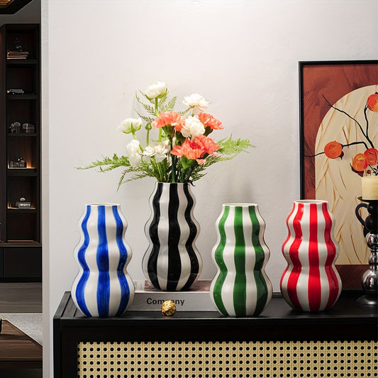 1pc Modern Ceramic Striped Vase – Elegant Cylindrical Design in Blue, Green, Red & White Stripes, Perfect for Hydroponic Plant Arrangements in Living Room, Balcony, or Home Decor, Living Room Accent | Modern Ceramic Vase |