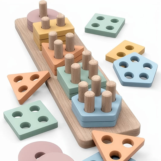 Wooden Sorting & Stacking Toy - Top Learning Puzzle - Shape & Color Recognition, Fine Motor Skills Development - Best Baby & Toddler Stocking Stuffer Gift Shape Sorter And Color Stacker Preschool Kids Wood Gifts