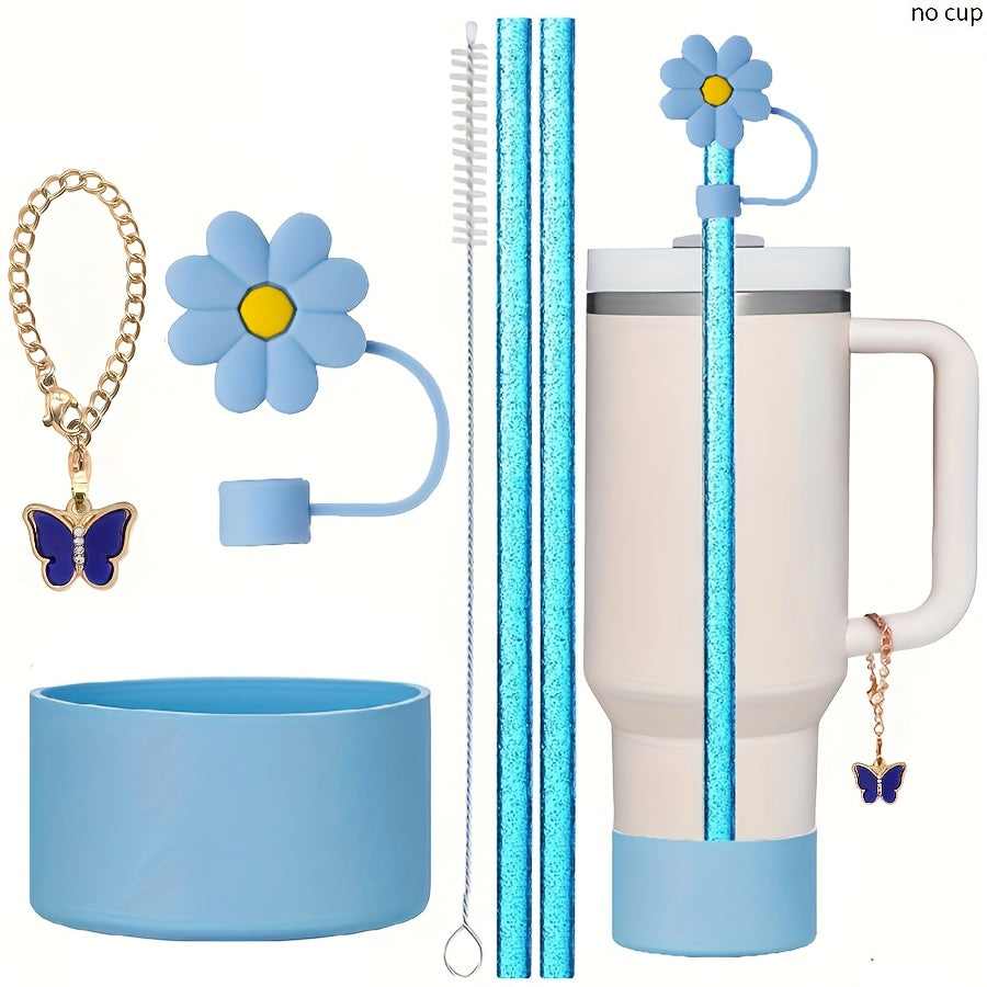 6pcs Cup Accessories Set for 40oz/30oz Tumbler, Include Glitter Straw and Brush, Flower Straw Cover Cap, Silicone Boot, Butterfly Charm Chain, Perfect for Outdoor Sport, Ideal Valentine's Day Gift, Mother's Day Gift