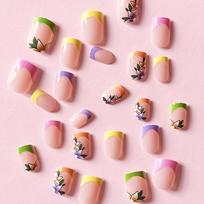 [Popular Choice] 24pcs Short French Colorful Flower Press-On Nails, Full Cover Artificial False Nail Tips with Glossy Finish, Manicure Essentials|Gradient Nail Tips|Glossy Finish Nails, Flash Gradient, Fake Nail, Manicure Ess