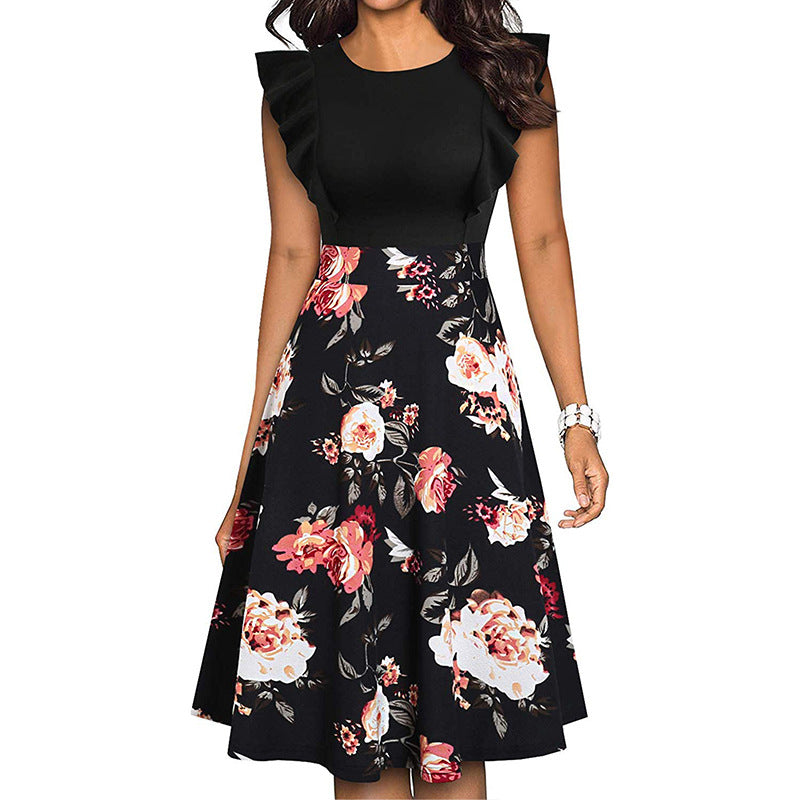 Women's Ruffle Sleeve Slim-fit Printed Dress