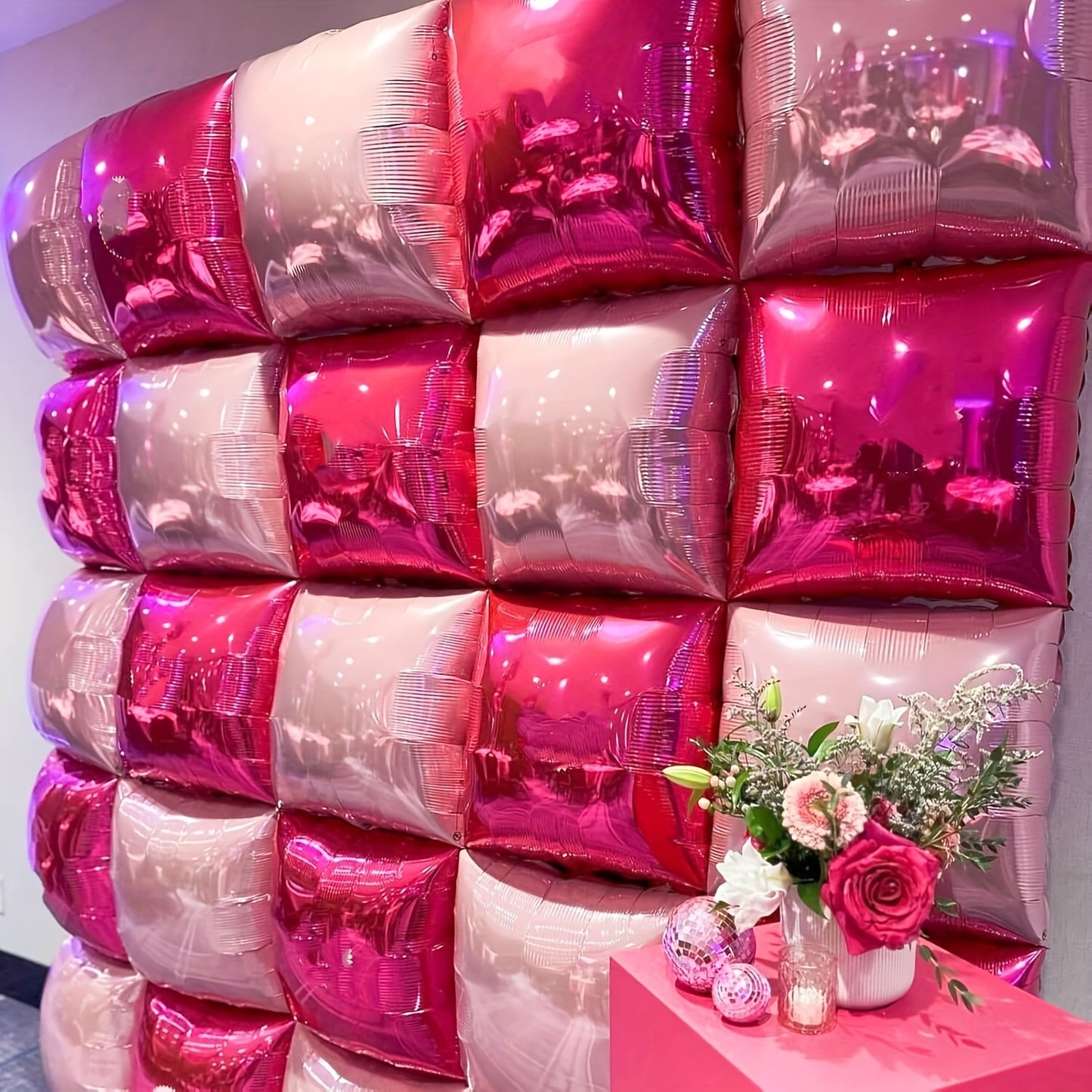 25-Pack Aluminum Film Magenta Pink Square Double-Sided Metal Balloons for Wall Tunnel Archway Flower Wreath, Anniversary Commemorative Set, Birthday Engagement New Year Party Decorations, No Power Required, for Wedding, Mothe