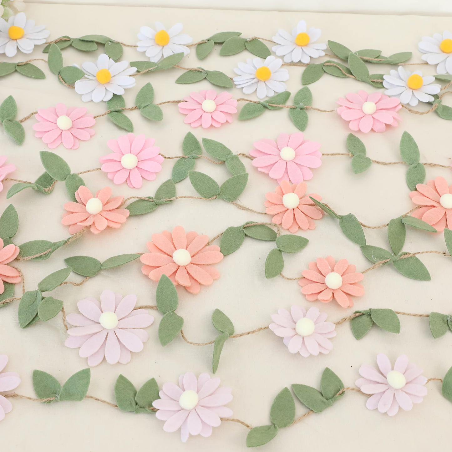 Handcrafted Bohemian Flower Garland - Pastel Pink, White, Orange, Purple Daisy Decor with Green Leaves on Twine - Ideal for Spring Events, Weddings, Birthdays, Youngsters Showers - Versatile Fabric Photo Backdrop & Bedroom De