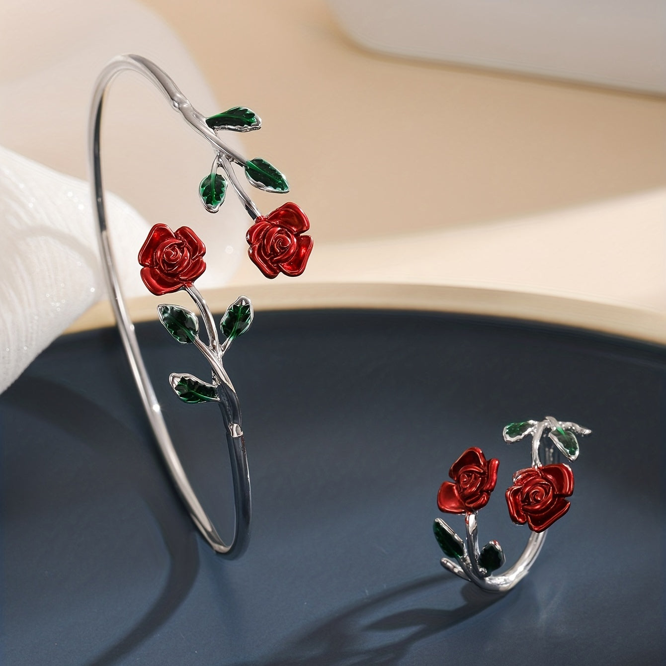 Elegant Rose Flower Design Bangle Ring Set Women's Floral Design Jewelry Gift Accessories