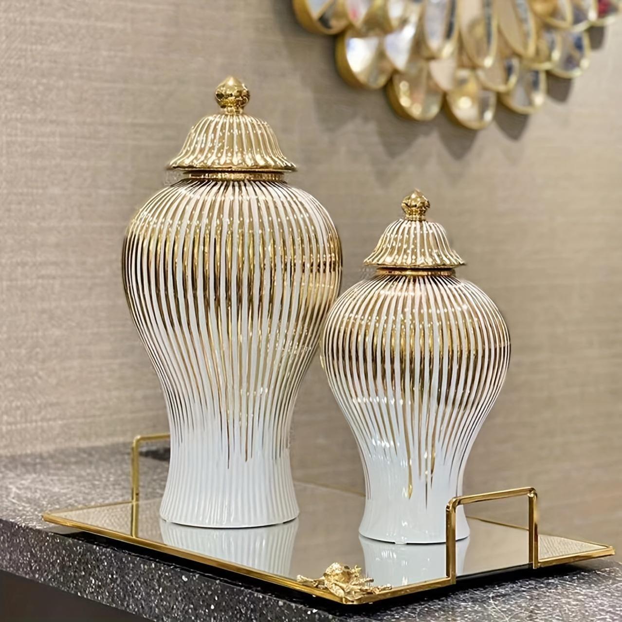 Elegant Ceramic Vase with Gold-Plated Trim - Striped Design for Home Decor, Perfect for Living Room & Entryway
