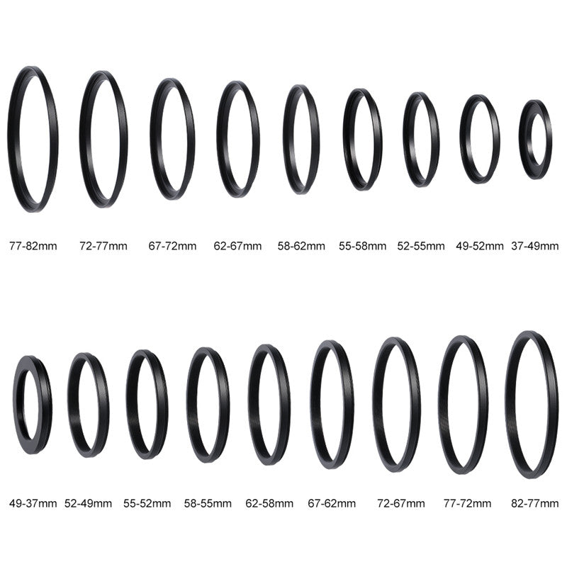 18pcs Camera Lens Filter Step Up And Step Down Lens Filter Stepping Adapter Ring 37 49 52 55 58 62 67 72 77 82mm For Nikon, Canon, Sony, Pacasonic, Fuji Pentax Olympus And Other SLR DSLR Camera Lens