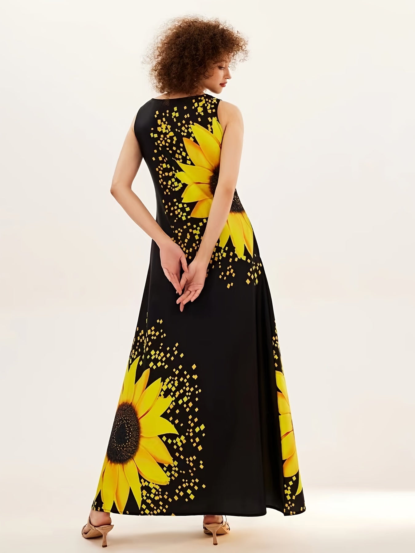 Sunflower Print Keyhole Dress, Casual Crew Neck Sleeveless Maxi Dress With Pocket, Women's Clothing For Elegant Dressing