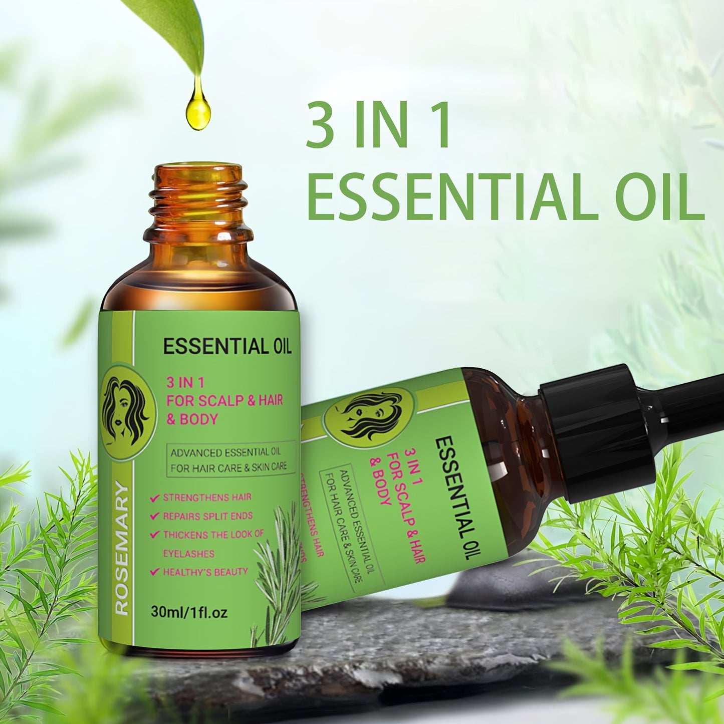 Rosemary Oil for Scalp/Hair/Body Care, 3in 1 for Strengthens Hair/Eyelashes, Moisture Body with Rosemary, Jojoba, Biotin, Olive Fruit, Sweet Almond and Rosa Rugosa Flower Plant Extract for Christmas Gift/Mum's Gift (Glass Bot