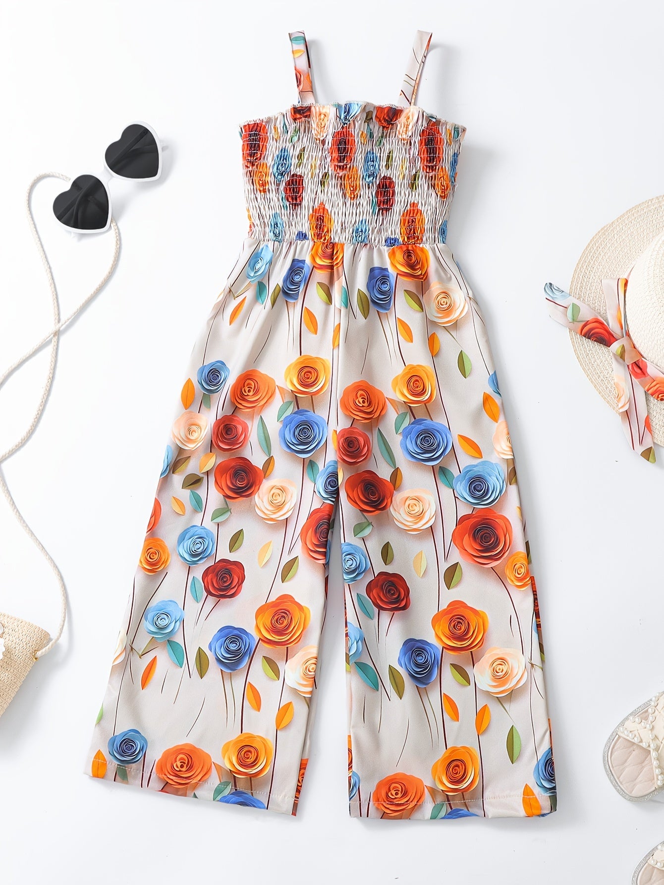 [Boho Flower Jumpsuit] Boho Flower Print Girls Shirred Cami Jumpsuit | For Going Out Party Holiday Kids Summer Clothes