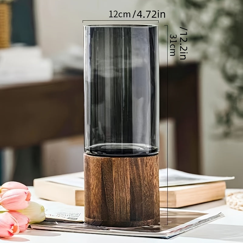 Chic Nordic-Inspired Glass Vase with Wooden Base - Perfect for Living Room Decor & Flower Arrangements