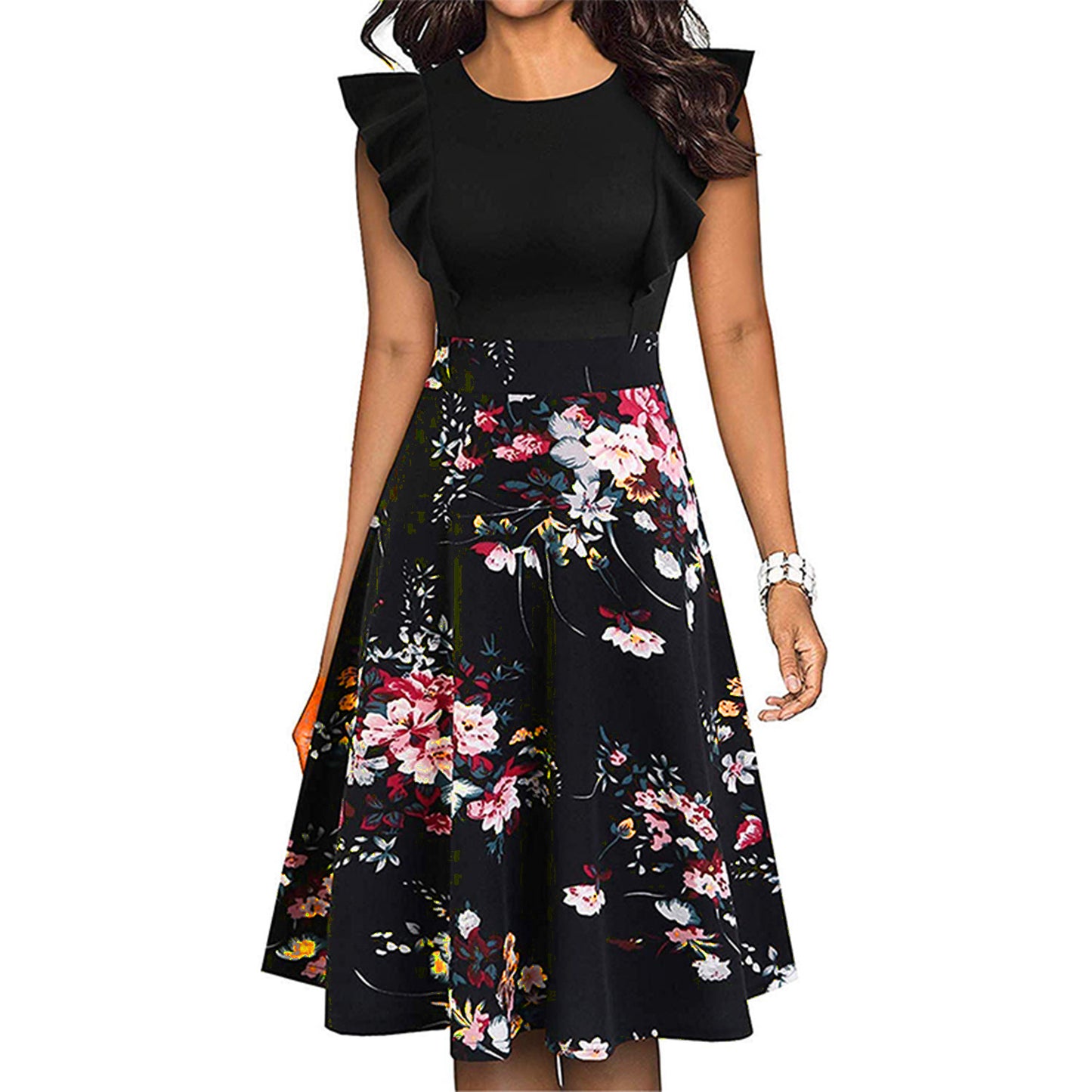 Women's Ruffle Sleeve Slim-fit Printed Dress