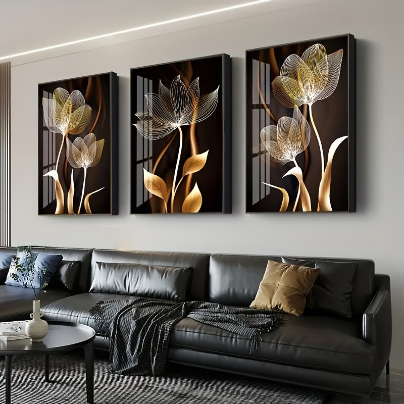 Golden Flower Canvas Art Trio - 3pc Elegant, Versatile Wall Decor Set, Frameless Luxury Prints for Every Room
