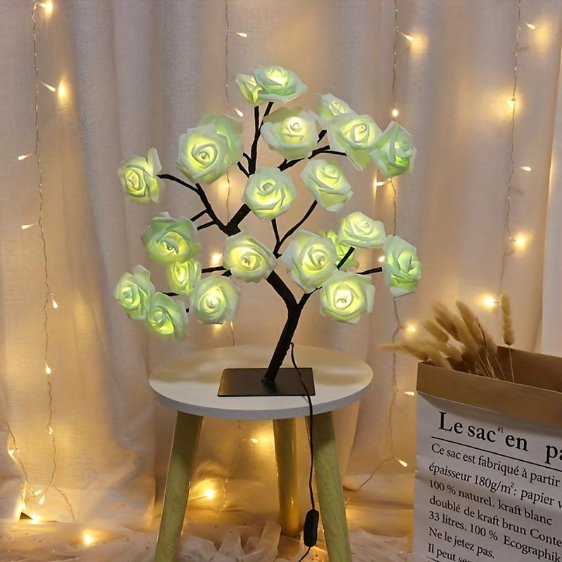 1pc LED Rose Flower Table Lamp, Valentine Tree Fairy Lights 24LED Rose Flower Tree Lights Valentine's Day USB Table Lamp Fairy Maple Leaf Night Light Home Party Christmas Wedding Bedroom Decoration Gift