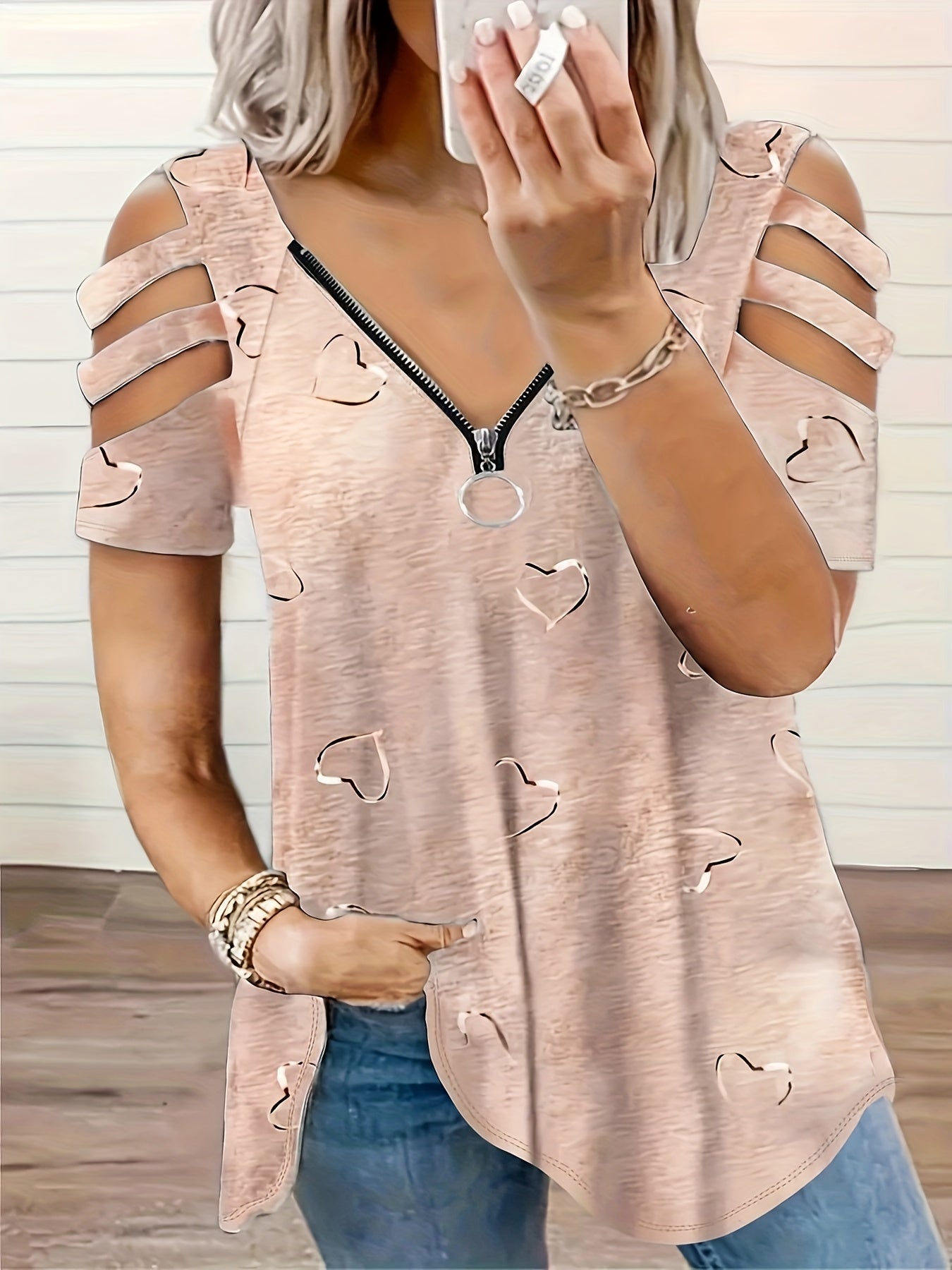 Heart Print Cut Out T-Shirt, Zipper V Neck Short Sleeve T-Shirt, Casual Every Day Tops, Women's Clothing