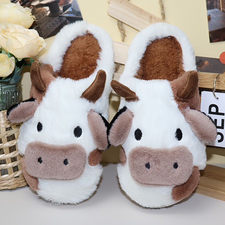 Cute Milk Cow Slippers | Women and Men Fuzzy Slippers, 2022 Winter Plush Platform Slides, Indoor Kawaii Shoes, Cartoon Style, Fabric Upper and Insole, TPU Sole