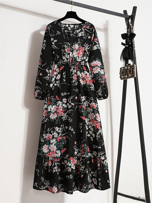 Bohemian Print Casual Party Long Dress with Ruffle Hem, Round Neck, Elastic Waist, and A-Line Silhouette