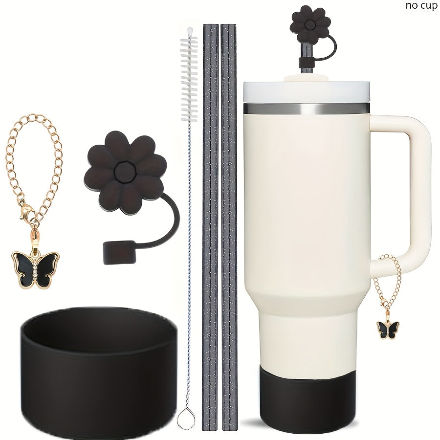 6pcs Cup Accessories Set for 40oz/30oz Tumbler, Include Glitter Straw and Brush, Flower Straw Cover Cap, Silicone Boot, Butterfly Charm Chain, Perfect for Outdoor Sport, Ideal Valentine's Day Gift, Mother's Day Gift