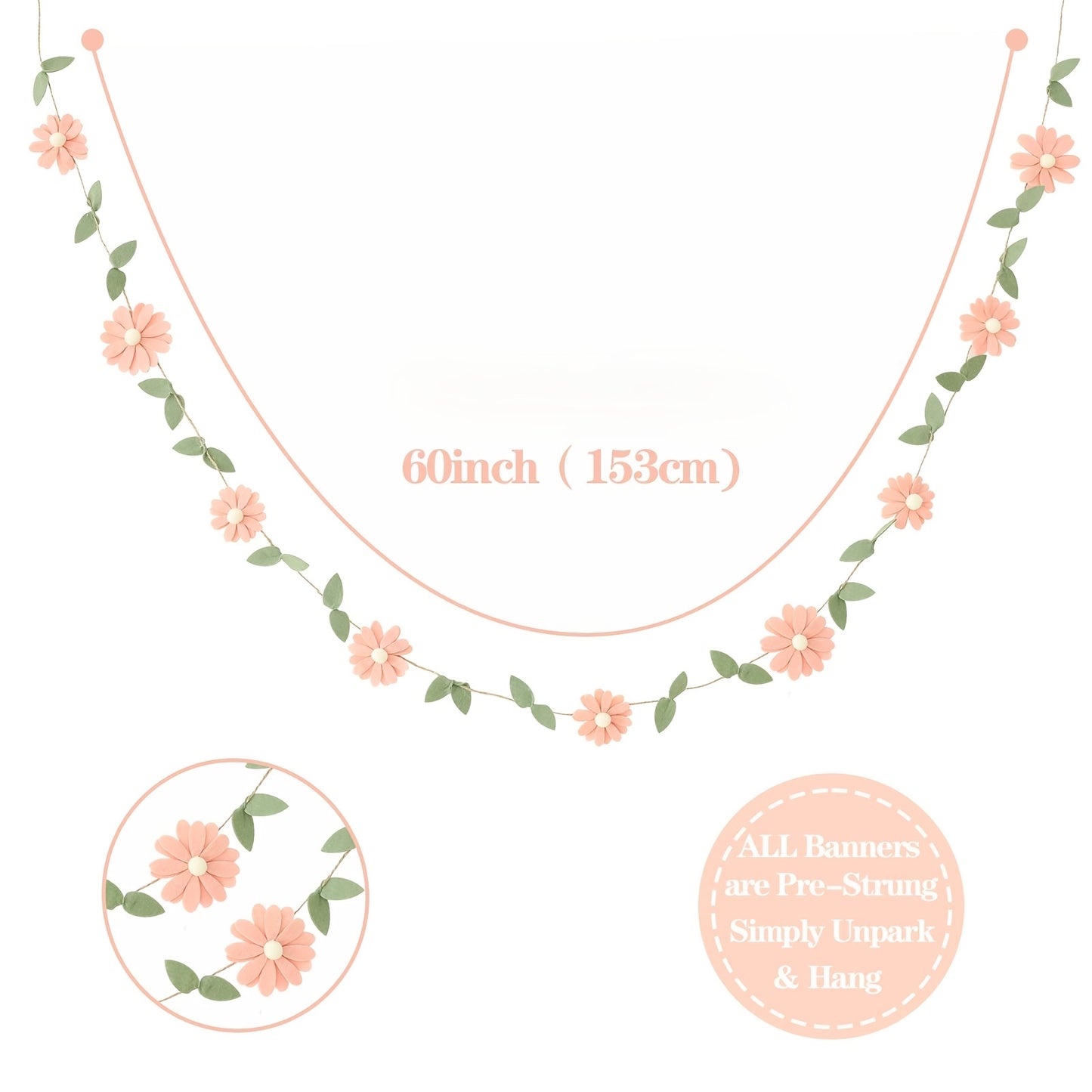 Handcrafted Bohemian Flower Garland - Pastel Pink, White, Orange, Purple Daisy Decor with Green Leaves on Twine - Ideal for Spring Events, Weddings, Birthdays, Youngsters Showers - Versatile Fabric Photo Backdrop & Bedroom De