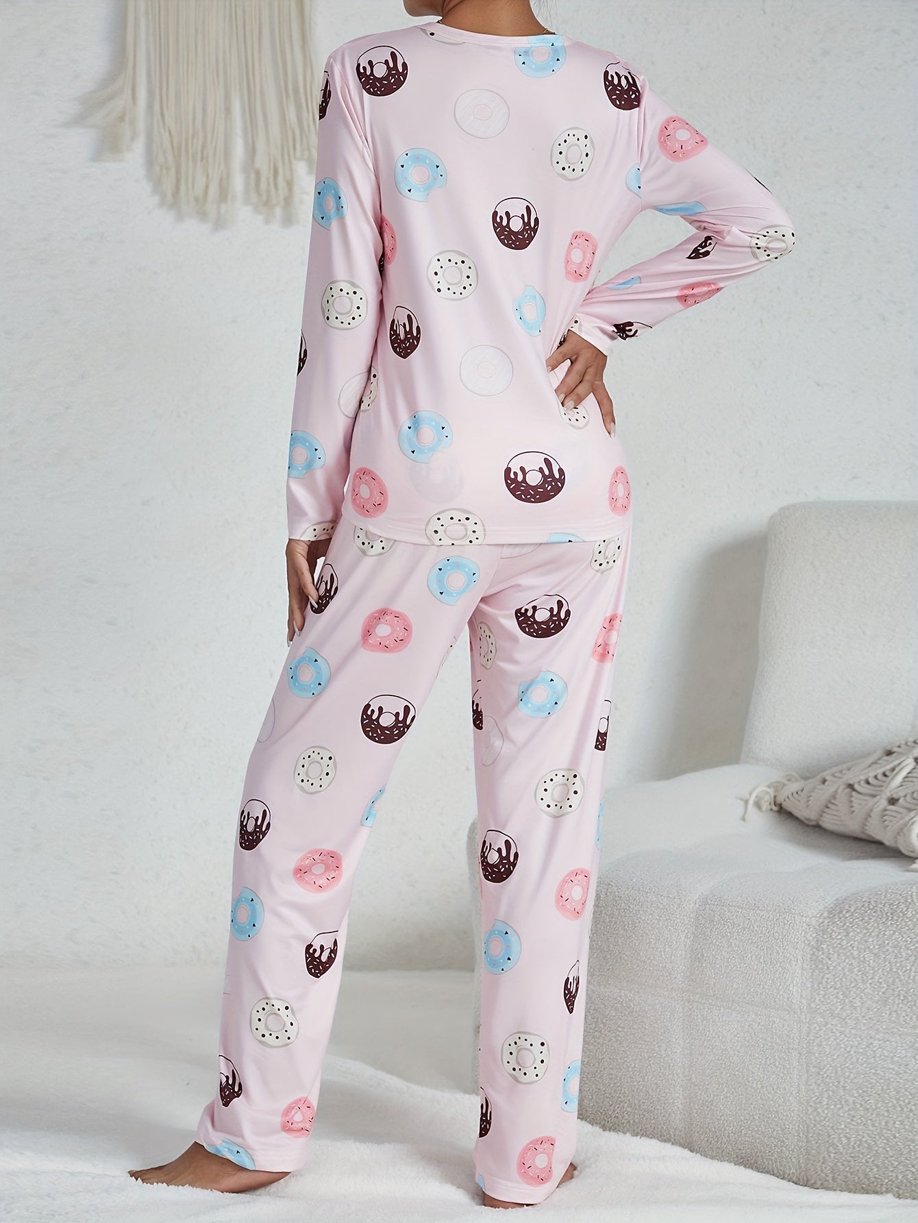 Comfy Women's Pajama Set with Sweet Cartoon Donut Design - Long Sleeve Round Neck Top & Elastic Waistband Pants, Cozy Sleepwear for Valentine's Day