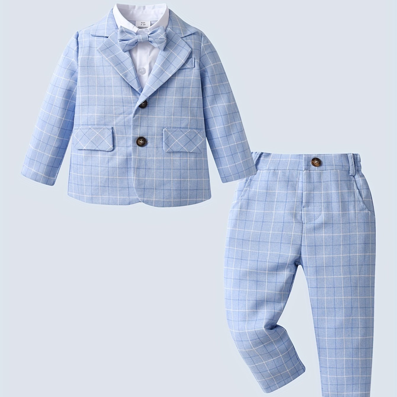 Baby Boy Fashion Gentleman Style Casual 3pcs/Set, Bow Tie Dress Shirt & Long Sleeve Plaid Coat & Plaid Pants Set, Outdoor Cloth