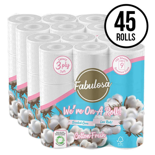 Fabulosa 45 Pack 3 Ply Scented Toilet Roll Cotton Fresh Fragranced 5 x 9 Pack Bundle