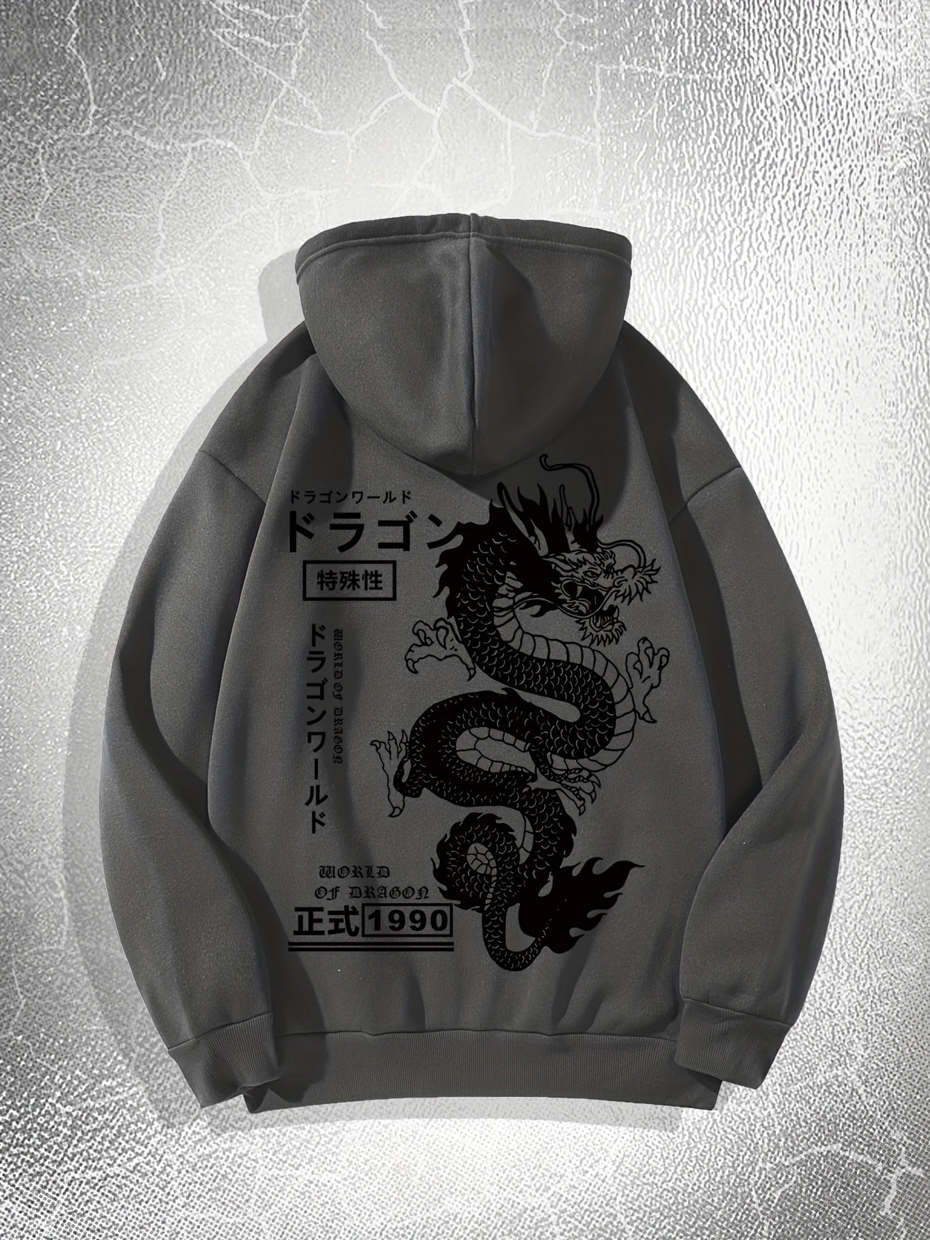 [Dragon Print Hoodie] White Polyester Dragon Print Hoodie - Casual & Trendy, Long Sleeves, Drawstring Hood - Streetwear Style