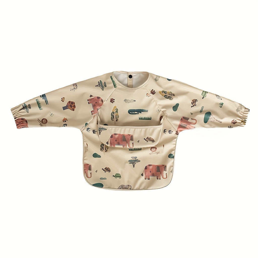 Unisex Baby Long Sleeve Bib with Crumb Catcher, Polyester Fiber, Snap Closure, Kids Eating Apron with Pocket, White/Beige/Mixed Colors