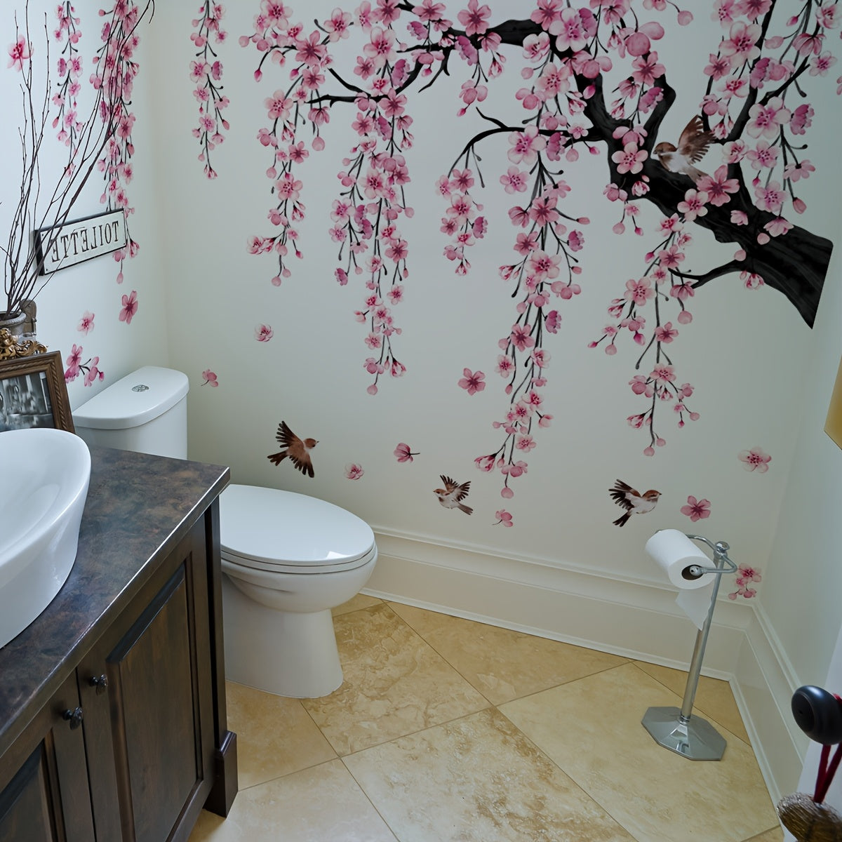 A Set of 4 Creative Pink Peach Blossom Tree Bird Falling Flower Bathtub Stickers for The Living Room, Bedroom, And Bathroom Wall Decor MS7194-YC