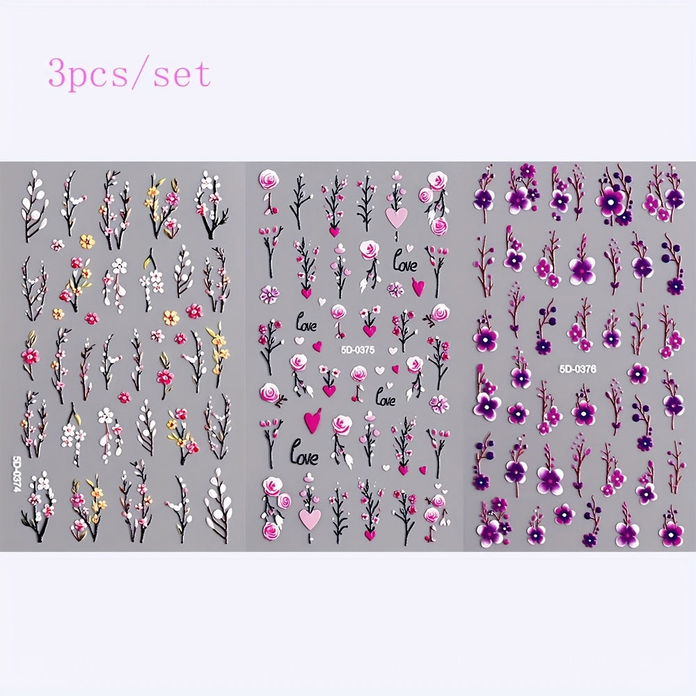 3pcs/set Nail Art Stickers, 5D Embossed Flower Love Pattern Daisy Self-adhesive Nail Stickers, DIY Nail Art Decorations,Durable Nail Decals for Hands & Feet,Nail Art Supplies for Women and