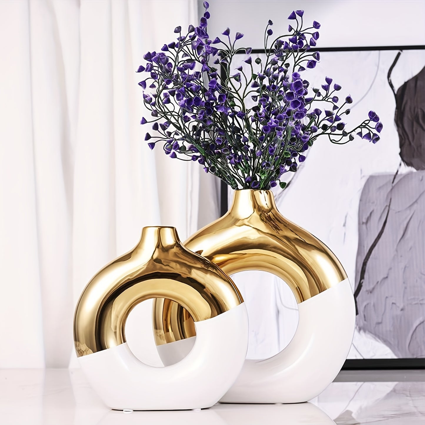 2pcs Boho Style Ceramic Vase Set - White & Golden, Round Bud Vases with Golden Accents, Perfect for Centerpieces & Home Decor, Living Room & Kitchen Accent, Home Decor Vase|Elegant Ceramic Vase|Decorative Vase
