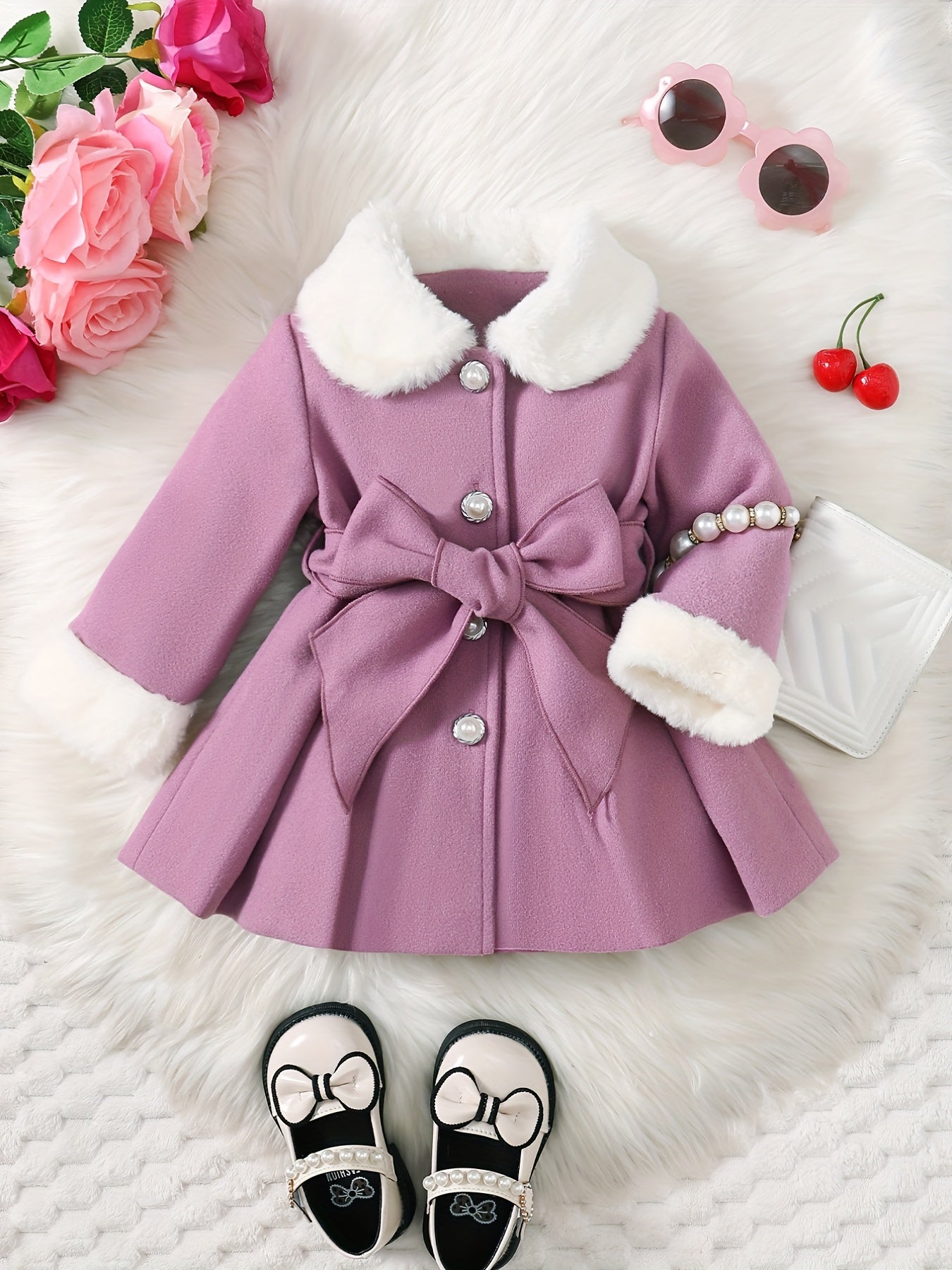 Fashionable And Versatile Coat for Baby Girls in Autumn And Winter, a Perfect Mother'S Day Gift. Adorable Plush Coat with a Bow And Collar, Designed for a Sweet Princess Look. Soft And Comfortable Outerwear to Keep Baby Warm