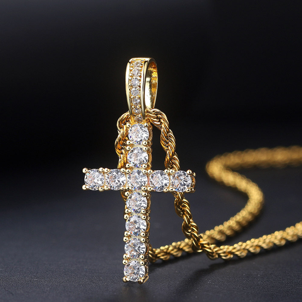 Hip Hop Cross Copper With 4mm Zirconia 14K Golden Plated Pendant Necklace