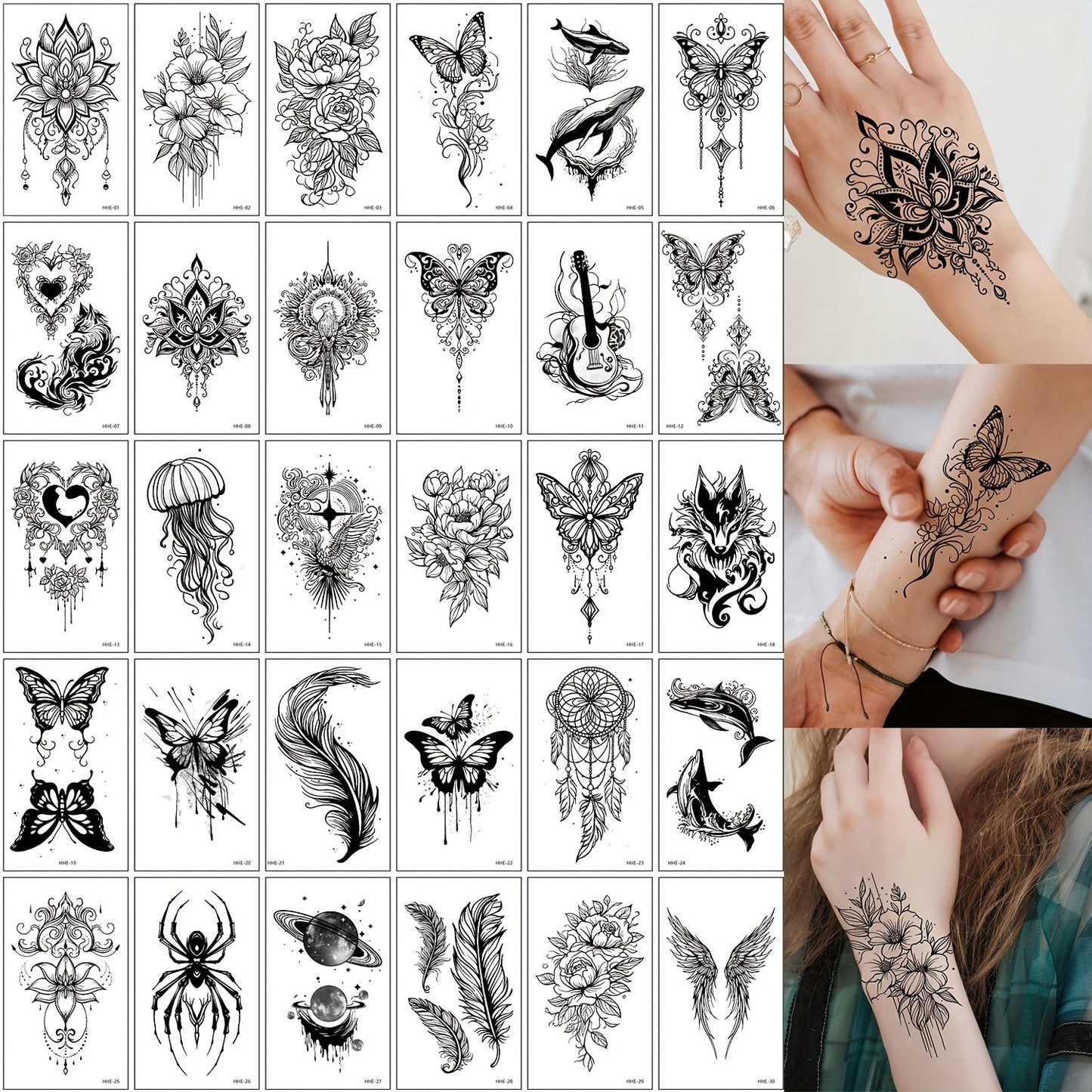 30 Temporary Tattoo Stickers, Black Butterfly Feather Wind Chime Wings Planet Spider Guitar Flower Heart Pattern Tattoo Stickers, Body Wrist Collarbone Art Waterproof Fake Tattoo Stickers Suitable for Women, Temporary Tattoo
