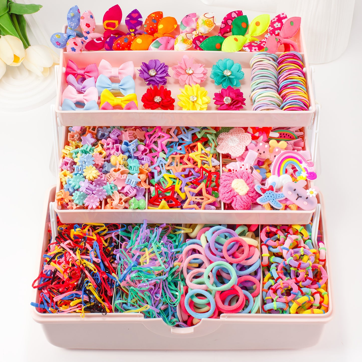 914/879/869/864/280pcs/set Kawaii Colorful Cartoon Hair Accessories Set, includes cartoon hair clips, claw clips, BB clips, rhinestone flower clips, various hair ties, scrunchies, and headbands - essential for daily cute styl