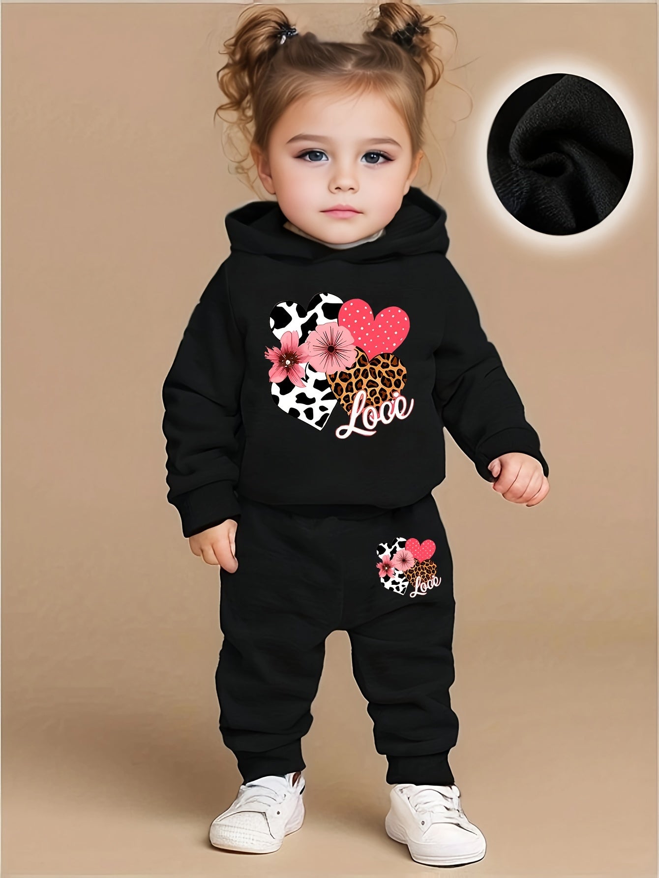 Baby Girl Love Love Flower Pattern Hoodie+Casual Pants Two Piece Set Spring and Autumn Sportswear, Perfect for Outdoor