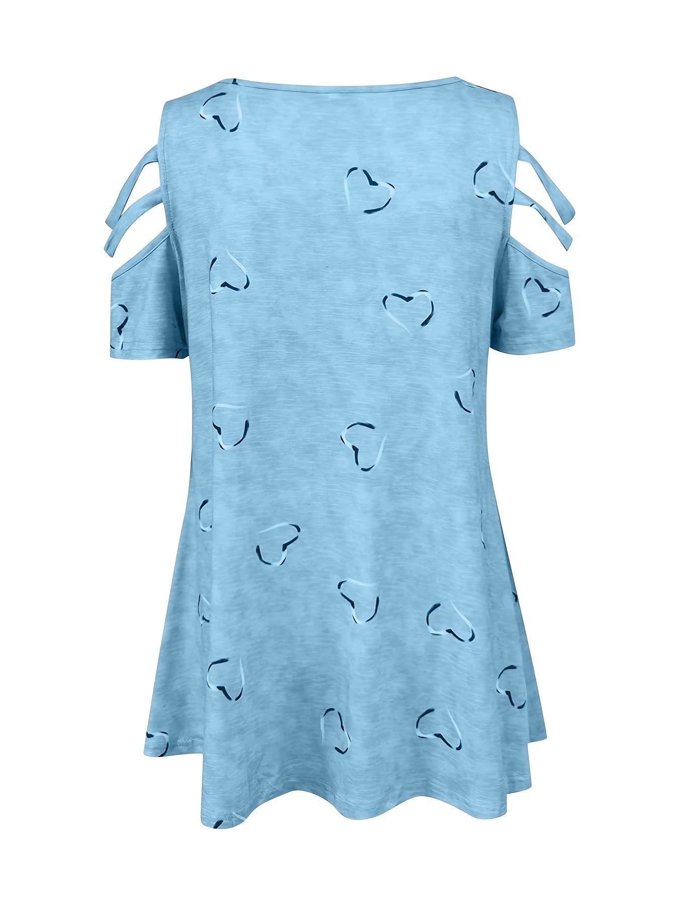 Heart Print Cut Out T-Shirt, Zipper V Neck Short Sleeve T-Shirt, Casual Every Day Tops, Women's Clothing