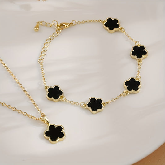 2pcs Necklace + Bracelet Voguish Jewelry Set Lucky Flower Design Multi Colors For U To Choose Match Daily Outfits Party Accessories