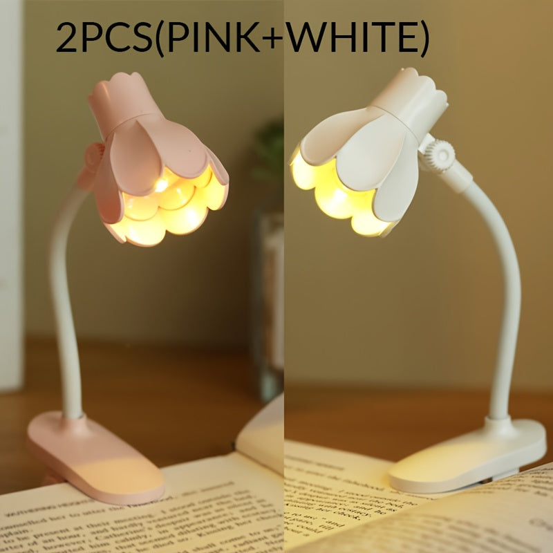 1/2/3pcs MINI Arm Adjustable LED Horn Flower Book Light - Battery-Powered Desk Lamp with Pink & White Design, Perfect for Reading at night, or Desktop Decoration, Portable reading Lighting, Desk Lamps for Home Office,mini boo
