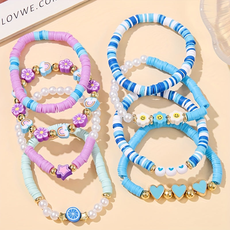 [Sweet Cute Bracelet Set] 8pcs Sweet Cute Pink Soft Clay Bracelet Set | Dragon Fruit Flower Heart Element for Women - Perfect for Valentine's Day and Music Festivals