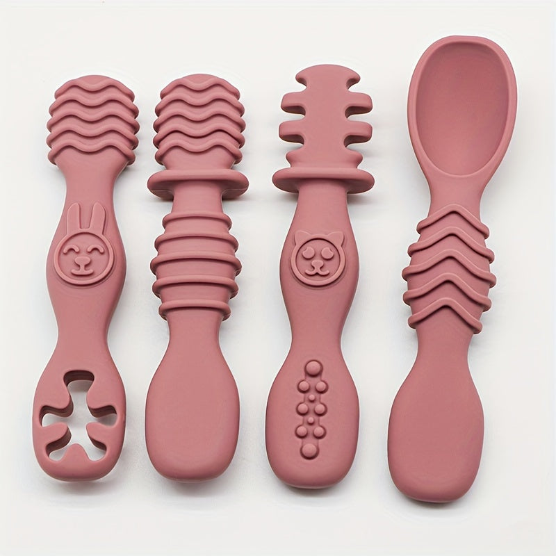 4pcs Baby Silicone Chewing Spoon Set, Food Grade Silicone Spoon And Fork Set, Silicone Spoon, Silicone Cutlery Training, Soft Feeding Cutlery