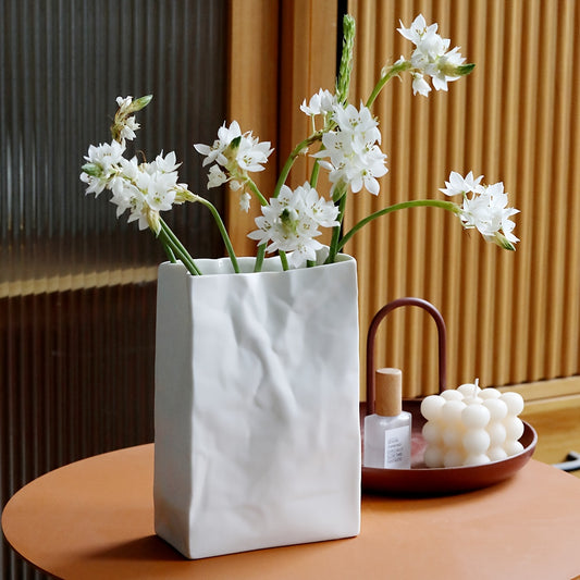 1pc Crinkle Paper Bag Vase, Unique Ceramic Decorative Vase, Minimalist Nordic Boho Style For Modern Home Decor, Wedding Dinner Table Party Living Room Office Bedroom, Decorative Gift