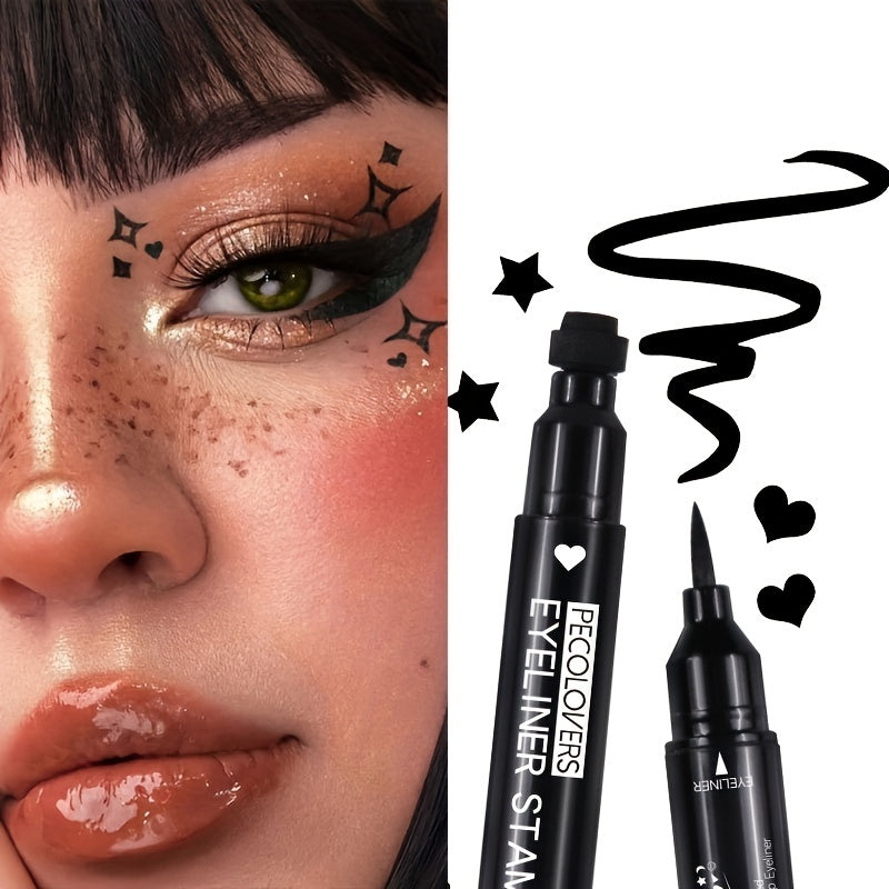PECOLORVERS 2 in 1 Waterproof Black Liquid Eyeliner & Stamp Set - Alcohol Free, Quick-Drying Eye Makeup with Star, Moon, Heart, Flower Stamps