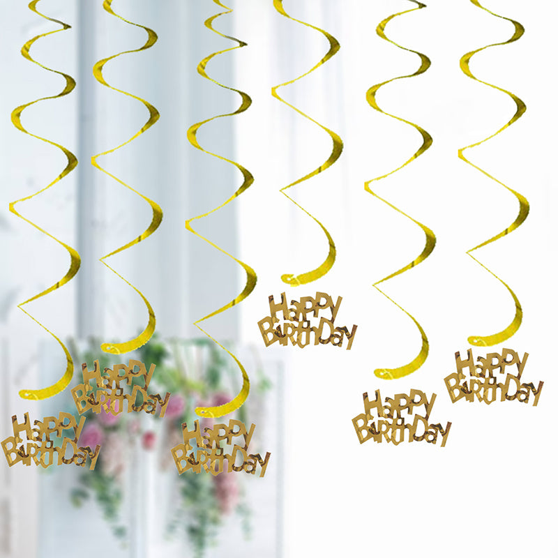6pcs-Golden, Silvery, Rose Red, Dark Blue, Lake Blue, Rose Golden Birthday Party Spiral Decoration Pendants, Birthday Letter Spiral Decoration