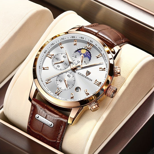 LIGE Men'S Quartz Watch | Vintage Style | Multi-Functional Chronograph | 30m | Calendar & Moon Phase | High-Quality Strap | Zinc Alloy Case, Electronic Drive | Non-rechargeable Button Battery | Luxury Business Watch, Business