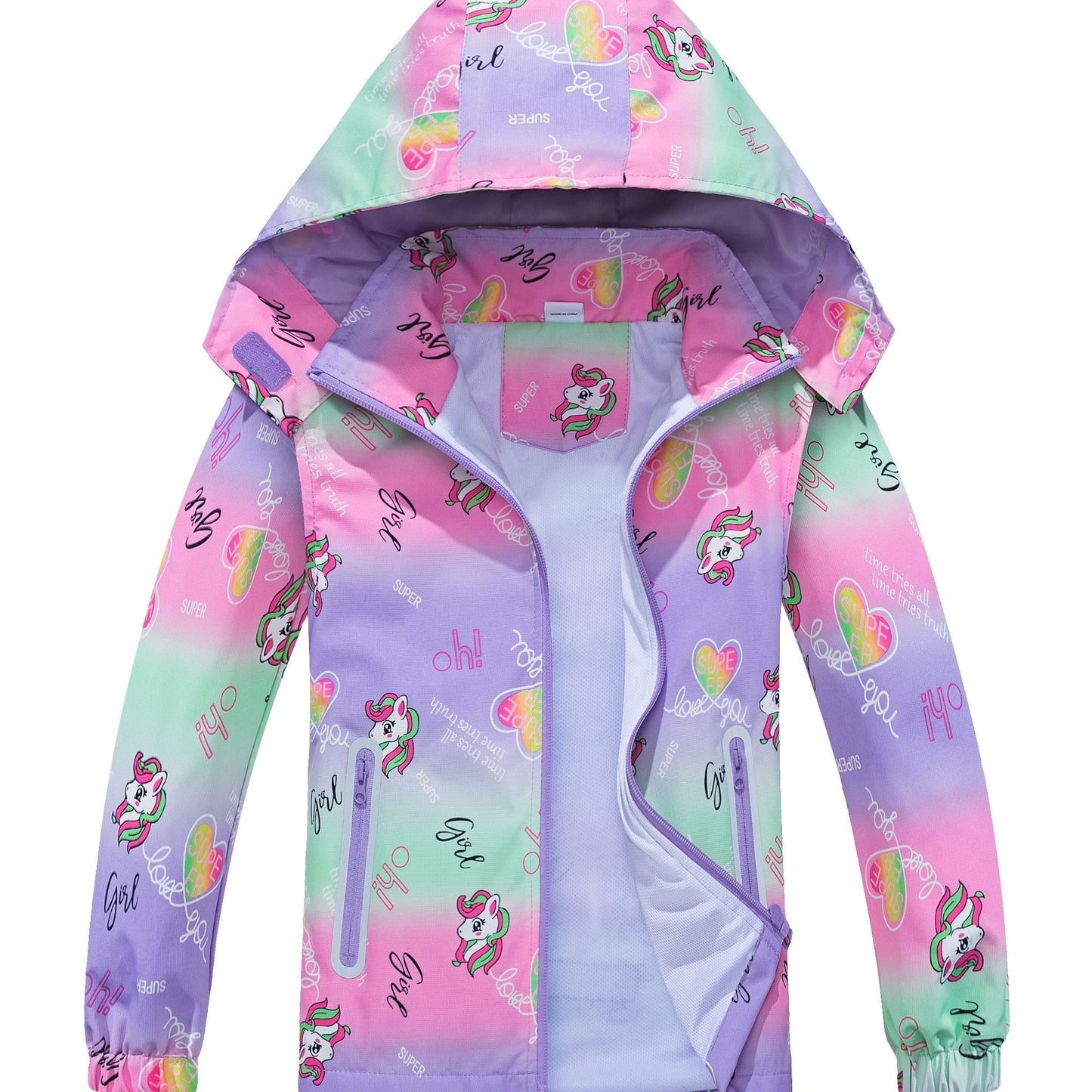 Girls' Unicorn Jacket - Lightweight Windproof Hooded Outerwear with Removable Hood, Pastel Rainbow & Clouds Design, Zip-Up Front, Long Sleeves, and Pockets for Spring/Fall Casual Wear, Unicorn Clothes, Playful Kids Fashion, D