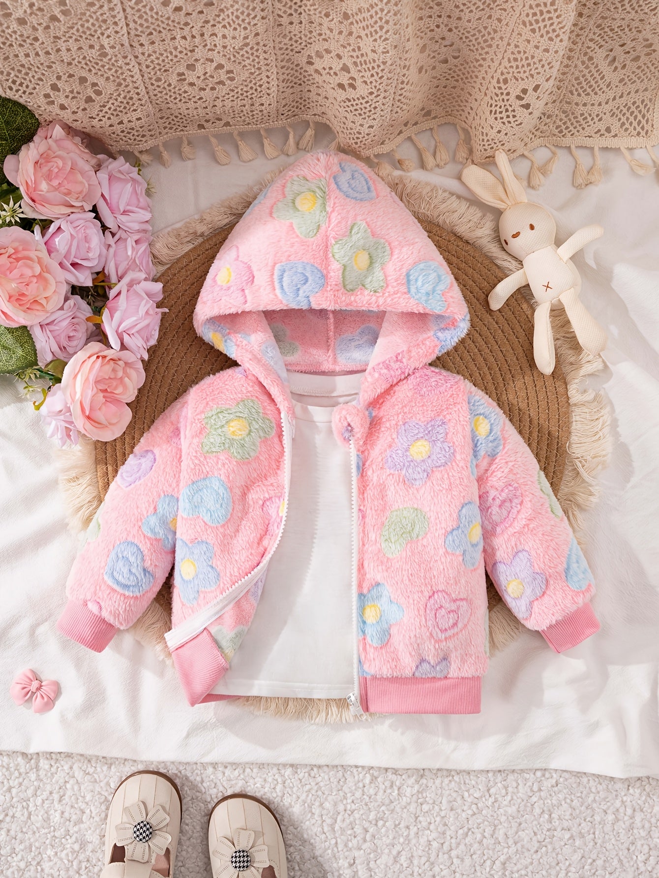 Baby Girls Floral Hooded Jacket - 100% Polyester Long Sleeve Coat with Zipper, Soft Plush Knit Fabric, Regular Fit for Outdoor Play in Fall/Winter, Skiing Compatible, Thick