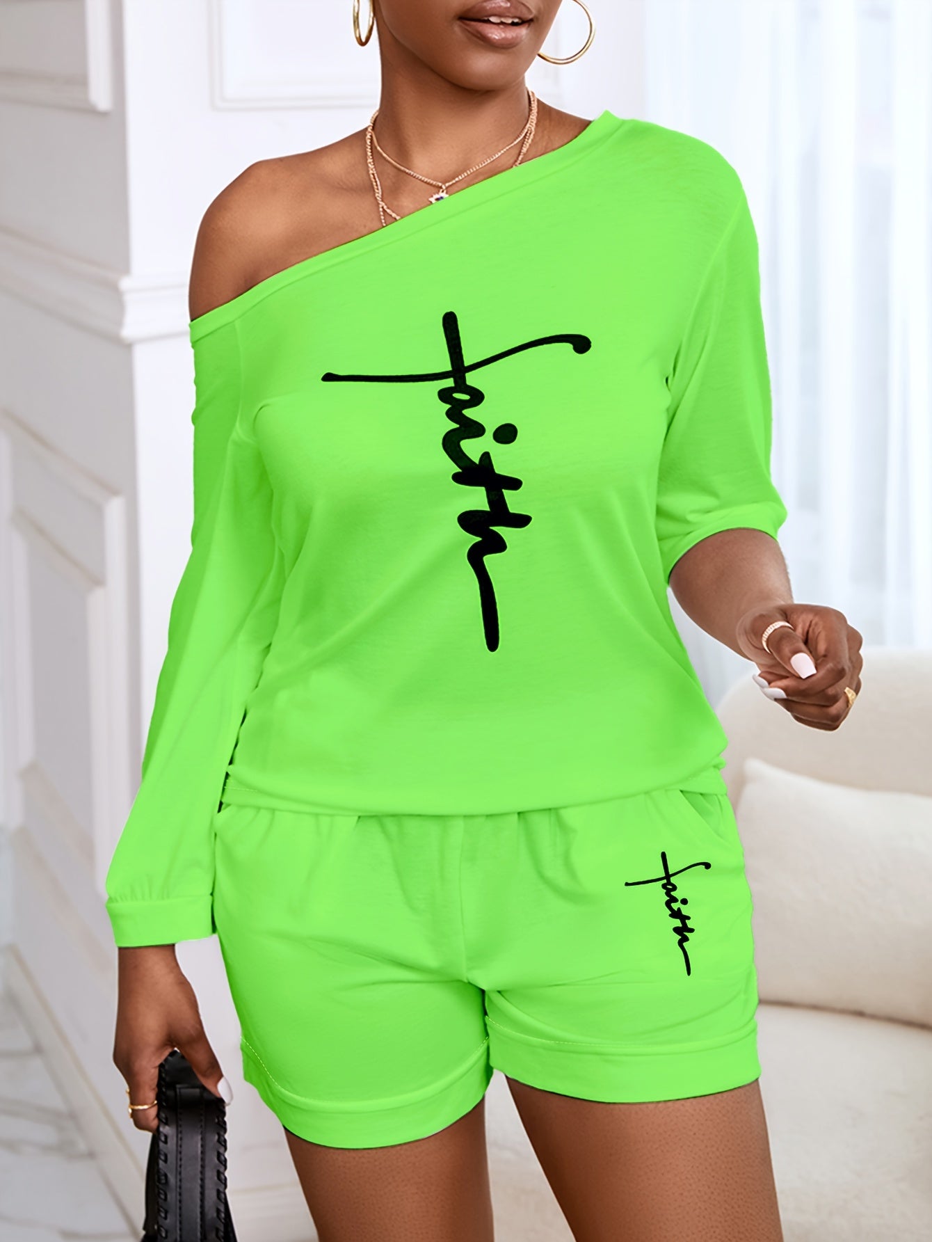 Chic Faith Printed Women's 2-Piece Set – Off-Shoulder Tee & Comfy Drawstring Shorts for Casual Wear