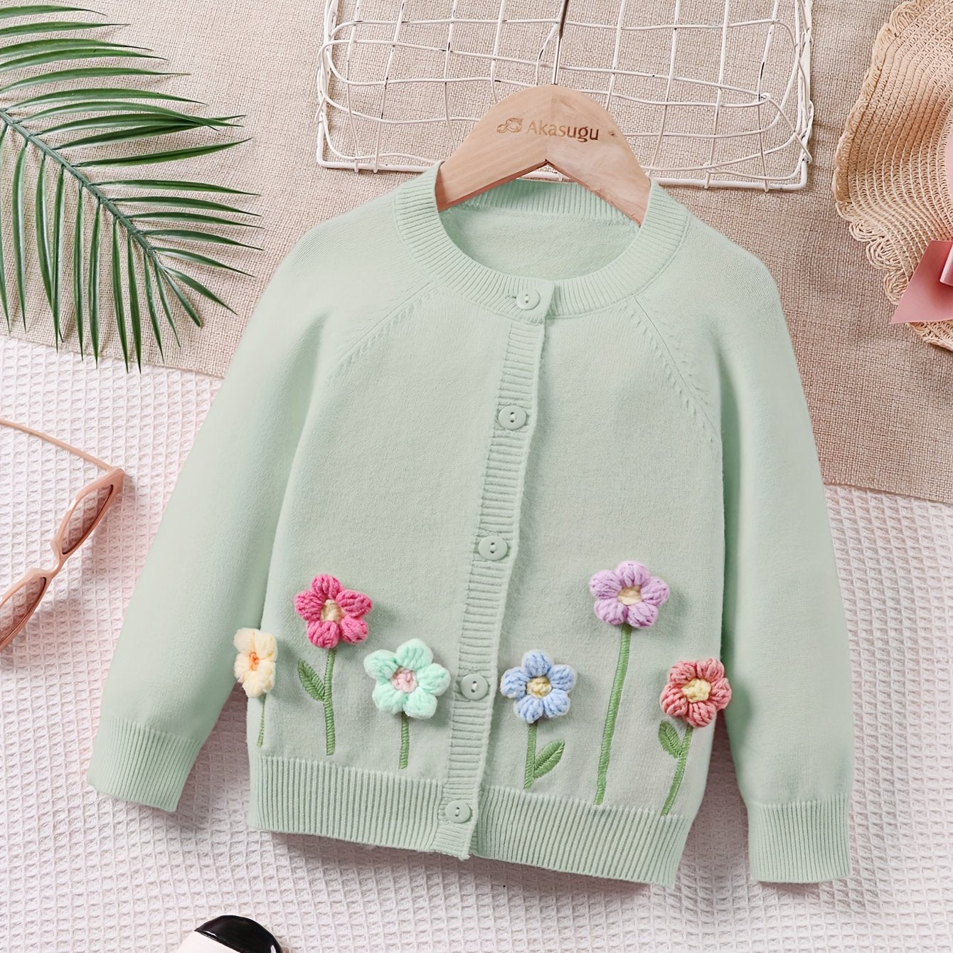 Girls' Beige Cardigan Sweater with Collar & Flower Patches - Sweet Smock Dress Style Jacket, Soft Button-Front Closure for, Parties, - Cozy Fall Winter Outerwear (Pink/Yellow/Blue/Purple) - No-Sew Applique Design