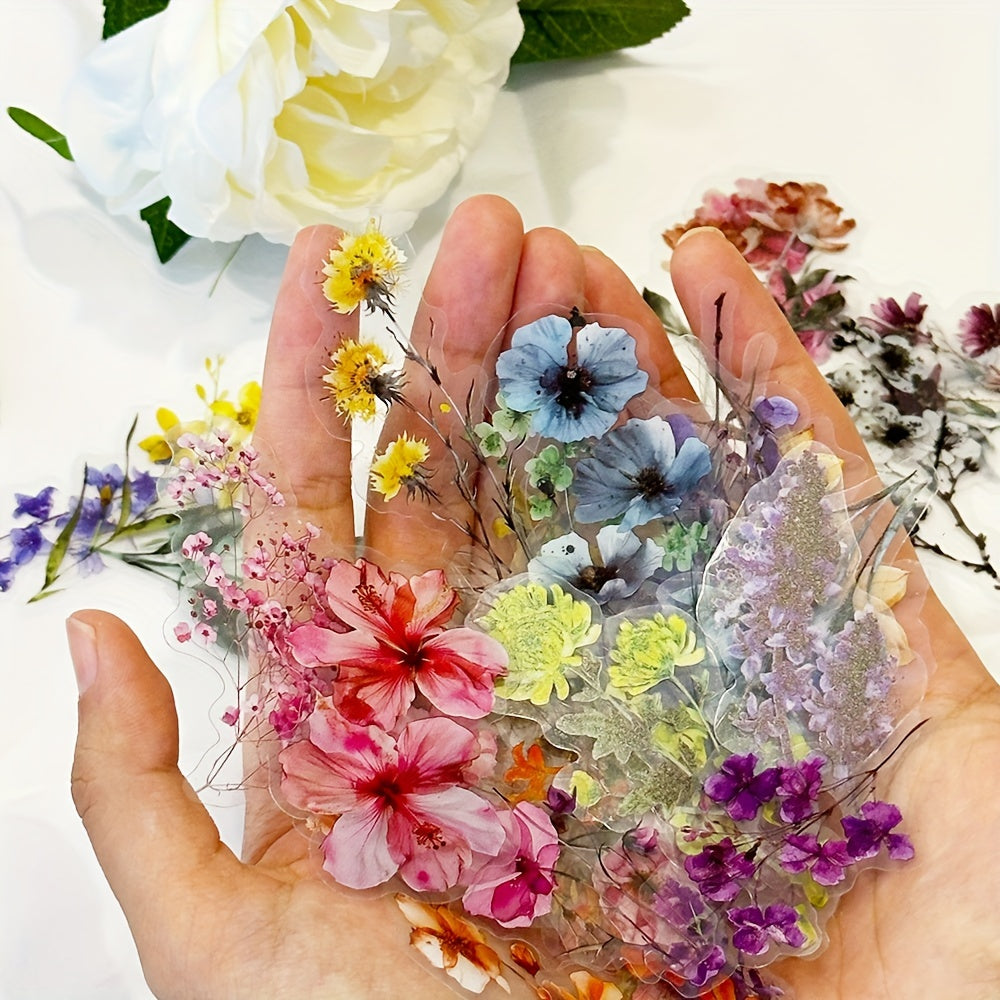 50pcs Transparent Flower Stickers, PET Plant Floral Decals for Scrapbooking, Journaling, DIY Crafts, Guitar, Notebook Decoration